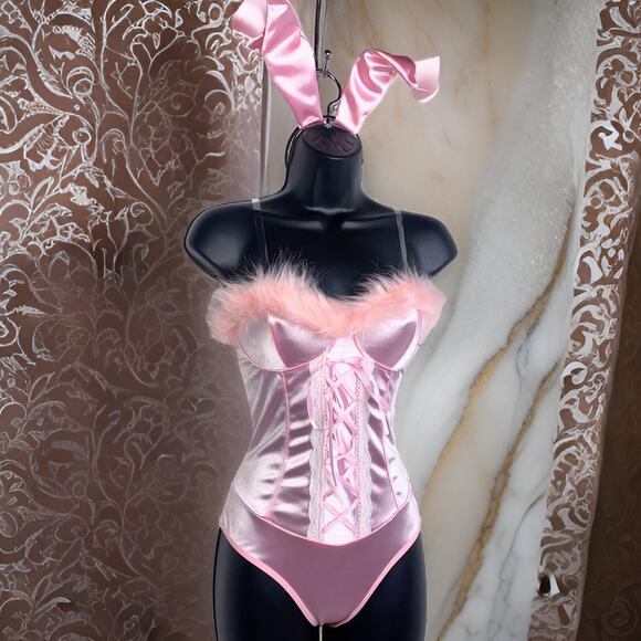 Molliwater Pants - New Medium Silky Pink Feather Bunny Bodysuit Halloween Costume Set Mean Girls